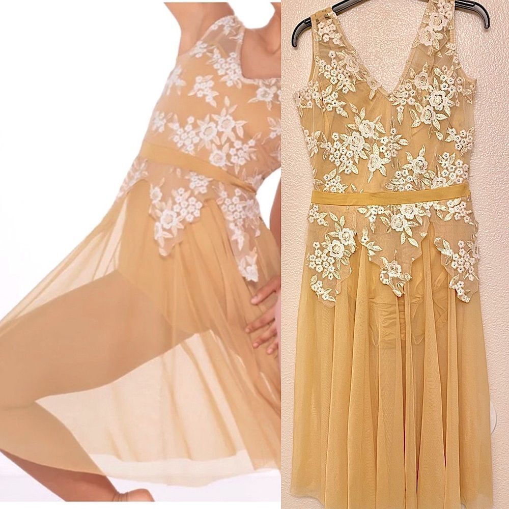Kelle dance lyrical ballet costume tan gold lace overlay Bloom 8302 LC teen